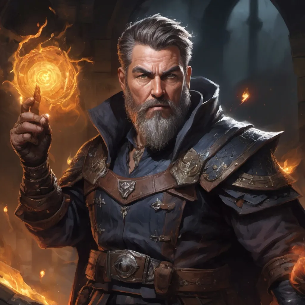 Prompt: Male stocky large mature warlock with short-cut hair and beard, engaged in combat casting a bright spell inside of a dark dungeon, pathfinder, d&d setting, in a realistic high quality digital art style, enhanced shadow quality, colorful