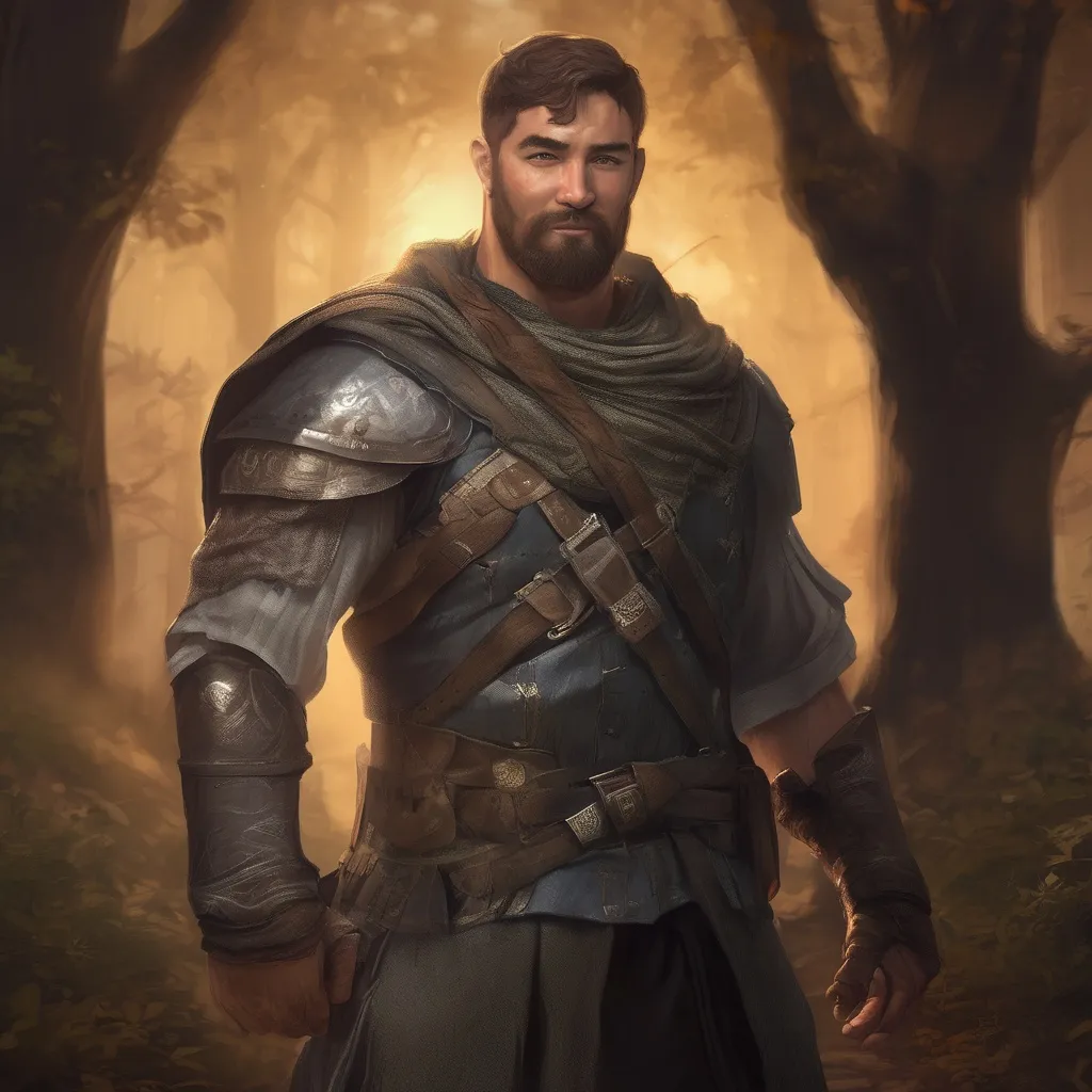 Prompt: (Full body) male handsome large muscular young templar with short hair and beard, outside of a tavern by a forest at night, pathfinder, d&d setting, in a realistic high quality digital art style