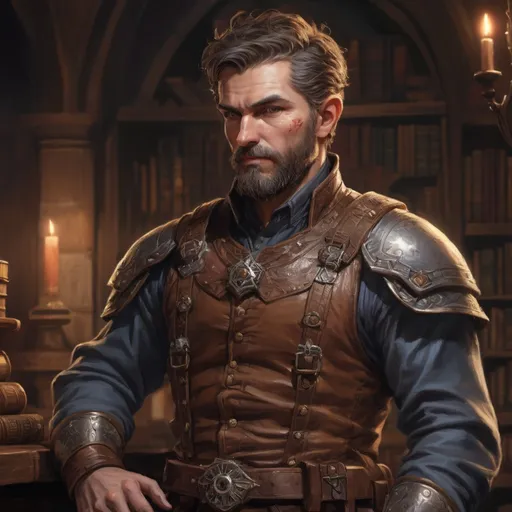 Prompt: (torso) Male stocky mature noble marksman, with short hair and beard, open shirt, hairy chest, in a dark library in a castle, pathfinder, d&d setting, in a realistic high quality digital art style, enhanced shadow quality, colorful