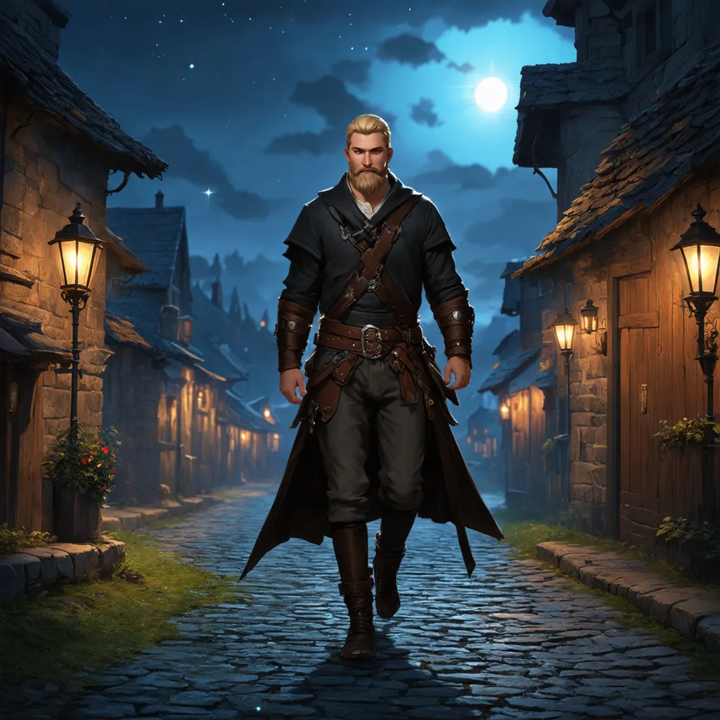 Prompt: (Full body) male rogue with a short blonde hair and beard, belt and pants, walking outside of a small town at night, pathfinder, d&d setting, in a digital art style