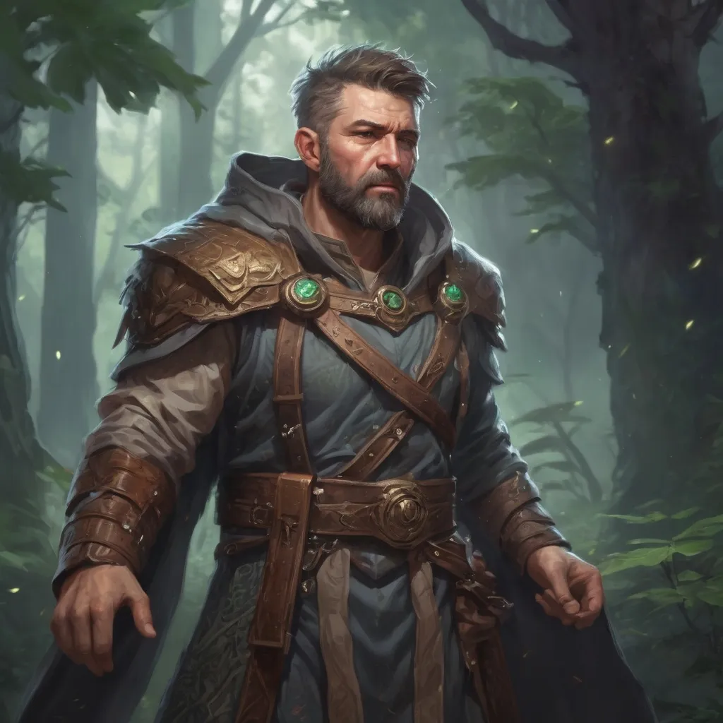 Prompt: Male stocky mature druid with short-cut hair and beard, in combat casting magic, inside of an astral magical dimention, pathfinder, d&d setting, in a realistic high quality digital art style, enhanced shadow quality