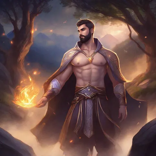Prompt: (Full body picture) A male elemental mage with short-cut hair with bare hairy chest and short beard, no shirt, cloak, arcane magic around, manly, fantasy setting, dungeons and dragons, outside of forest next to a mountain at night, in realistic digital art style