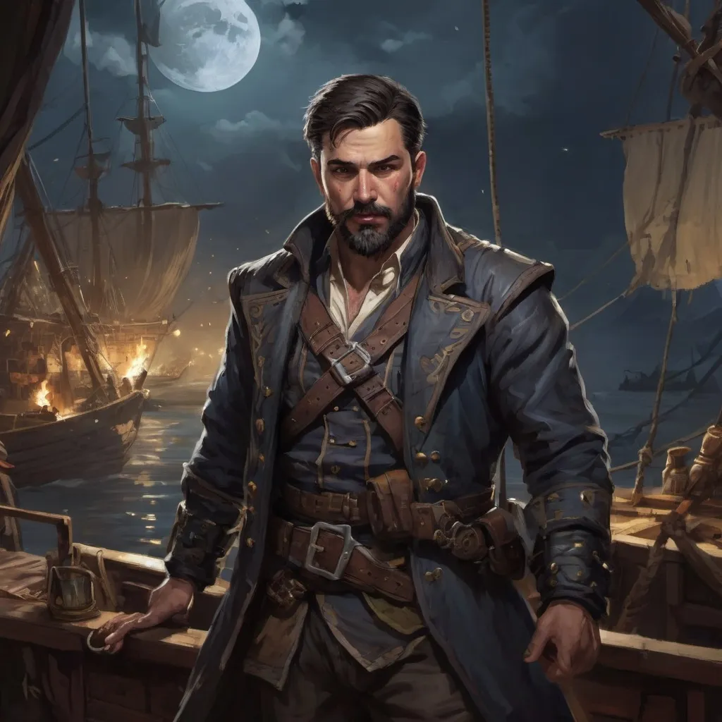 Prompt: (Full body) male stocky heavy-built pirate rogue with short dark hair and beard, wearing magic coat, on a ship by land at night, pathfinder, d&d setting