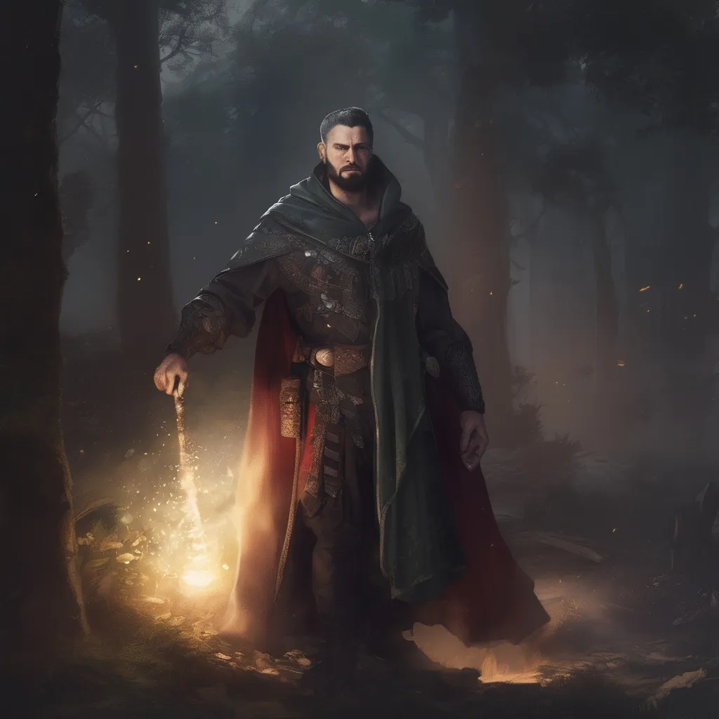 Prompt: (Full body) male large albanian sorcerer with short-cut hair and beard, casting a magical spell, outside of a forest at night, cloak, pathfinder, d&d setting, in a realistic digital art style