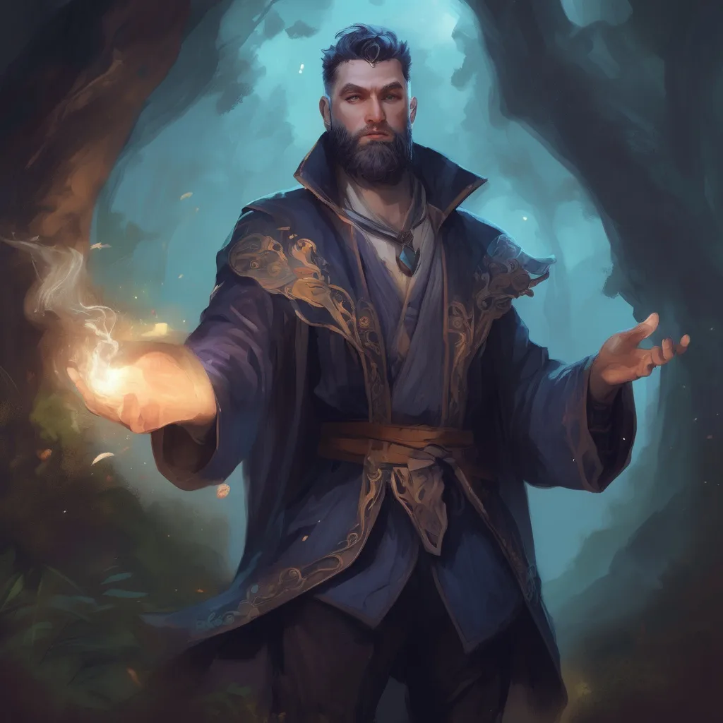 Prompt: (Full body) male stocky young wizard with short-cut hair and beard, casting a swirly dark-spell, in nature at night pathfinder, d&d setting, in a realistic digital art style