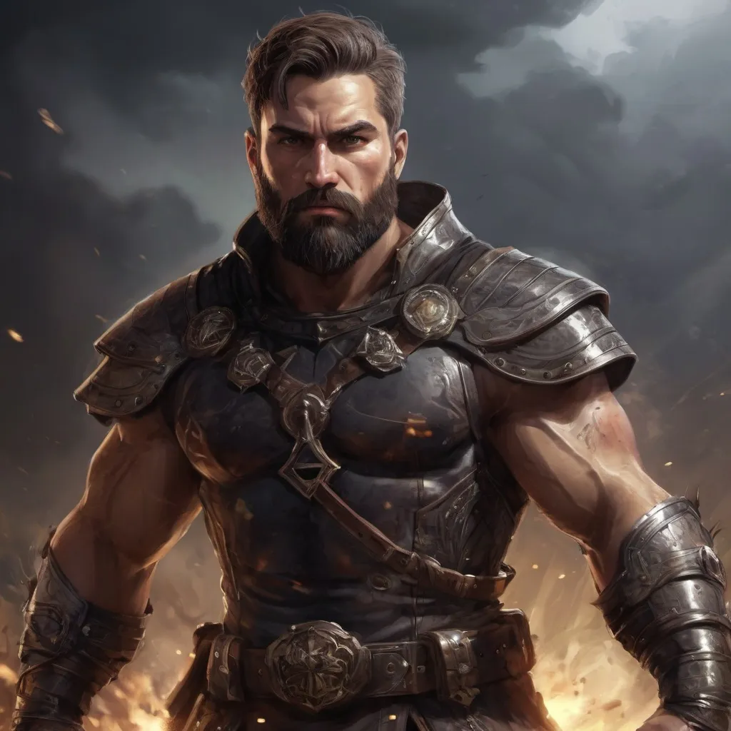 Prompt: (Full body) male stocky masculine manly hunky royal king with short hair and beard, hairy chest, in a dark battle field, pathfinder, d&d setting, in a realistic high quality digital art style