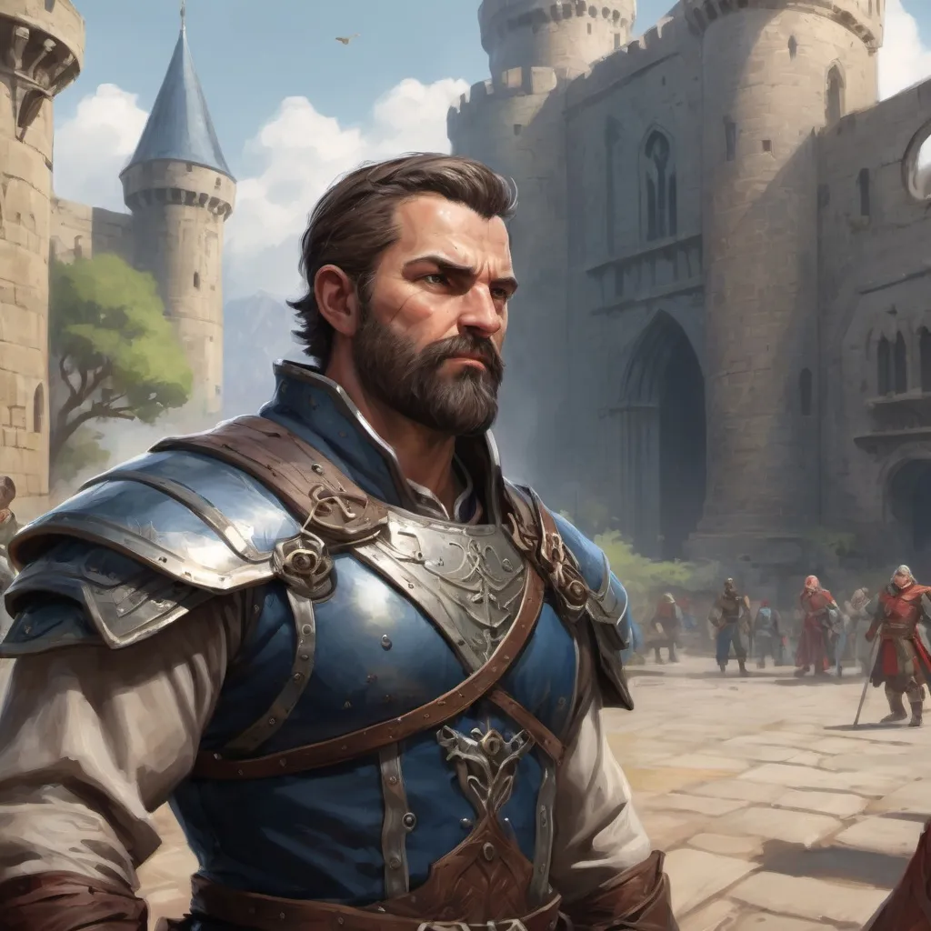 Prompt: Male heavy-set 42-year old muscular noble large sorcerer with short-cut hair and beard, in a windy castleground, pathfinder, d&d setting, enhanced shadow quality