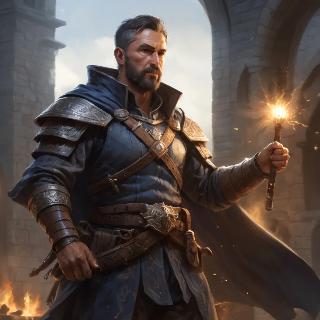Prompt: Male stocky large mature fit battle-mage with short-cut hair and beard, engaged in combat casting a light spell in a castle courtyard at night, pathfinder, d&d setting, realistic, enhanced shadow quality