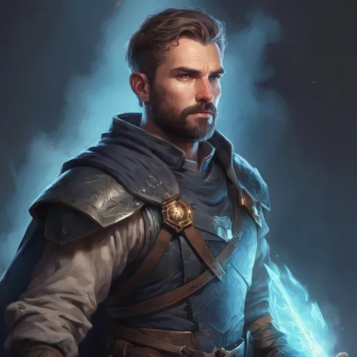 Prompt: (torso) Male stocky mature light-ranger with short-cut hair and beard, on a battlefield at night, in combat, holding a magic weapon, bright aura, pathfinder, d&d setting, in a realistic high quality digital art style, enhanced shadow quality
