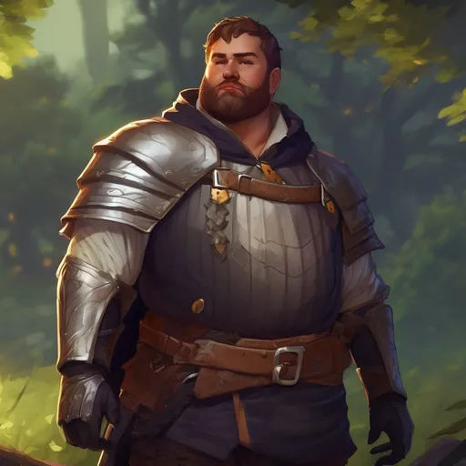 Prompt: (Full body) male chubby hairy-chested knight with short hair and beard, open shirt, in nature in the evening, pathfinder, d&d setting, in a realistic digital art style