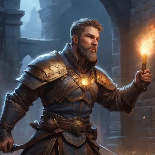 Prompt: Male stocky large mature fit battle-mage with short-cut hair and beard, engaged in combat casting a light spell in a castle courtyard at night, pathfinder, d&d setting, realistic, enhanced shadow quality