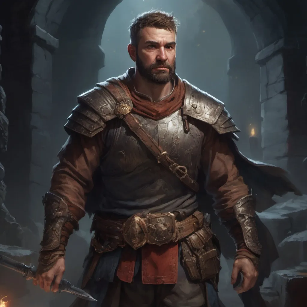 Prompt: Male stocky large mature warrior with short-cut hair and beard, exploring a dark astral cellar, pathfinder, d&d setting, realistic, enhanced shadow quality