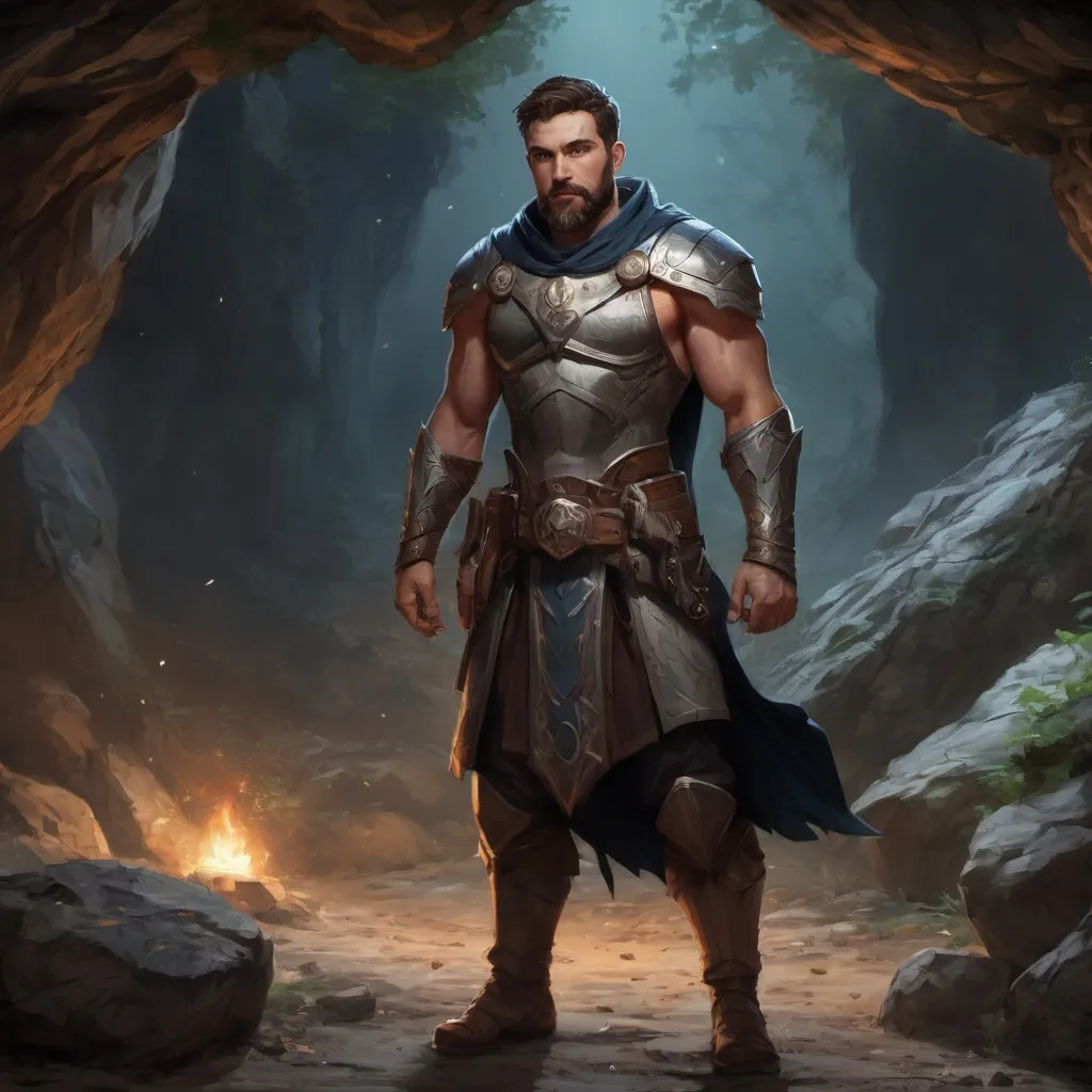 Prompt: (Full body) male handsome large muscular magical crusader with short hair and beard, outside of a cave by a forest at night, pathfinder, d&d setting, in a realistic high quality digital art style