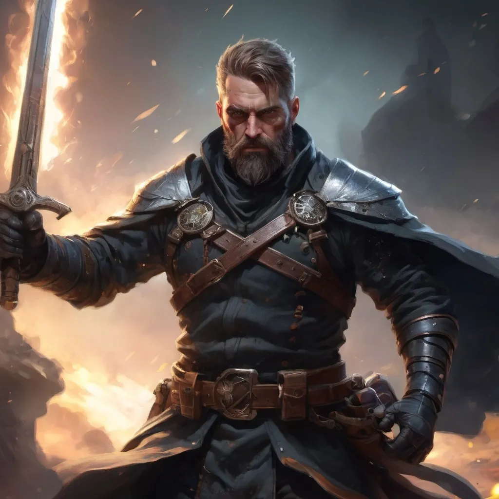 Prompt: (torso) Male heavy-set mature fit magical robber with short-cut hair and beard, holding fantasy-weapon, in movement, in a windy battlefield, pathfinder, d&d setting, enhanced shadow quality