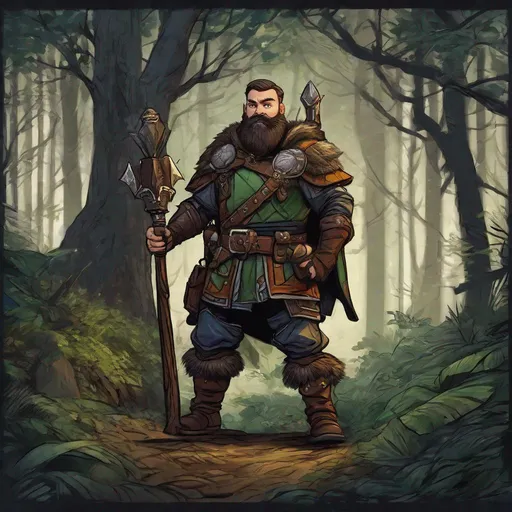 Prompt: (Full body) dwarf ranger with buzz-cut hair beard, holding a small mace, pathfinder, dungeons and dragons, in a dark forest, in a painted style, realistic