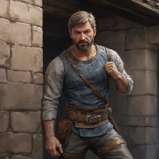 Prompt: (torso) Male heavy-set mature fit bandit with short-cut hair and beard, climbing a wall and breaking in to a mansion, windy, pathfinder, d&d setting, enhanced shadow quality