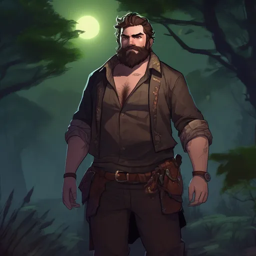 Prompt: (Full body) male stocky big-chested hairy-chested warlock with short hair and beard, open shirt, in nature at night, pathfinder, d&d setting, in a realistic digital art style