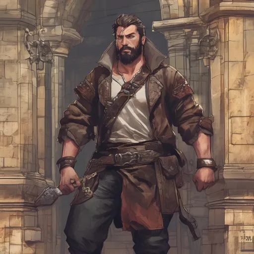 Prompt: (Full body) male stocky big-chested pirate bandit with short hair and beard, no shirt on, in a dark castle, pathfinder, d&d setting, in a realistic digital art style