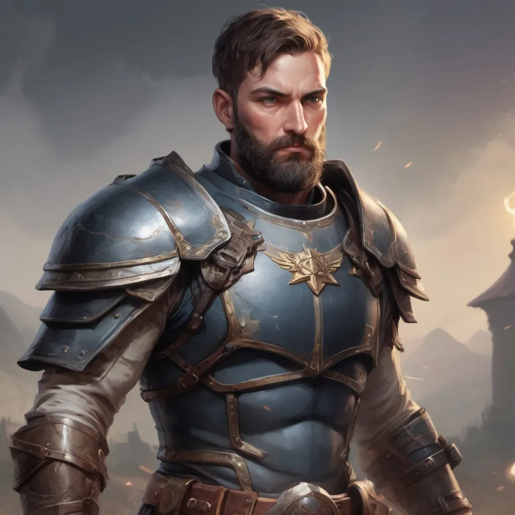 Prompt: (torso) Male stocky manly magical crusader with short-cut hair and beard, on a battlefield, in combat, holding a magic weapon, bright aura, pathfinder, d&d setting, in a realistic high quality digital art style, enhanced shadow quality