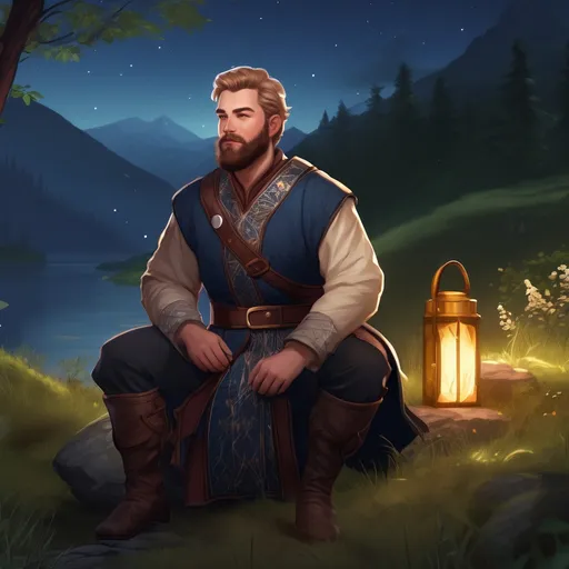 Prompt: (Full body) male magical stocky norwegian cleric with short hair and beard, in nature at night, pathfinder, d&d setting, in a realistic digital art style