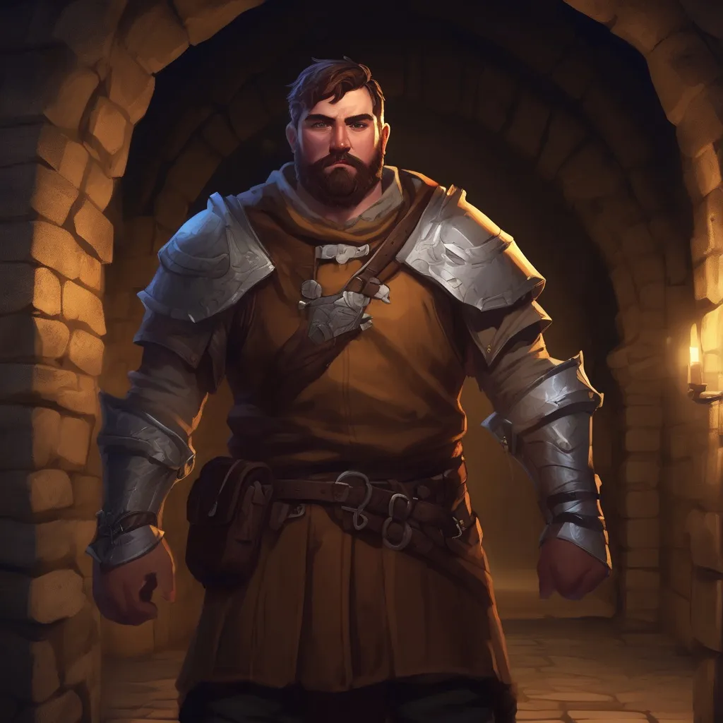 Prompt: (Full body) male stocky big-chested paladin with short hair and beard, in a dungeon at night, pathfinder, d&d setting, in a realistic digital art style