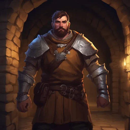 Prompt: (Full body) male stocky big-chested paladin with short hair and beard, in a dungeon at night, pathfinder, d&d setting, in a realistic digital art style