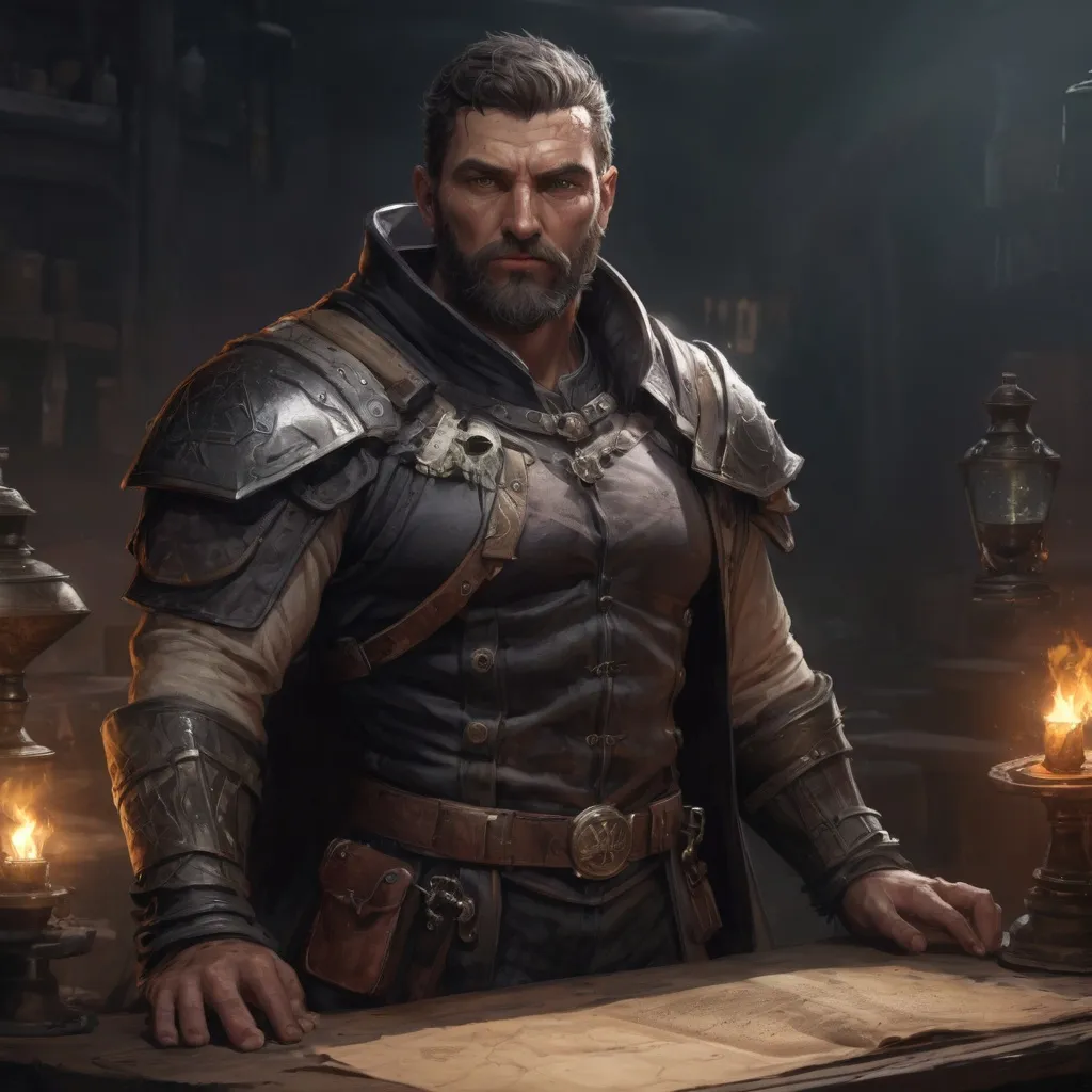 Prompt: Male stocky large muscular royal alchemist with short-cut hair and beard, exploring a dark laboratory, pathfinder, d&d setting, realistic, enhanced shadow quality