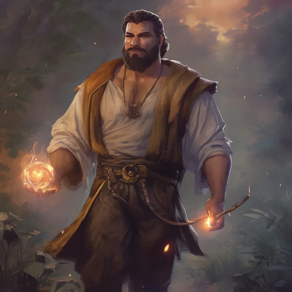 Prompt: (Full body) male stocky big-chested hairy-chested sorcerer with short hair and beard, no shirt on, casting a spell, in nature at night, pathfinder, d&d setting, in a realistic digital art style