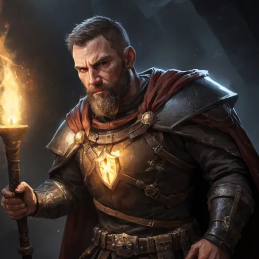 Prompt: (head and torso) Male stocky large mature Crusader with short-cut hair and beard, engaged in combat casting a light spell inside of a dark dungeon, pathfinder, d&d setting, in a realistic high quality digital art style, enhanced shadow quality