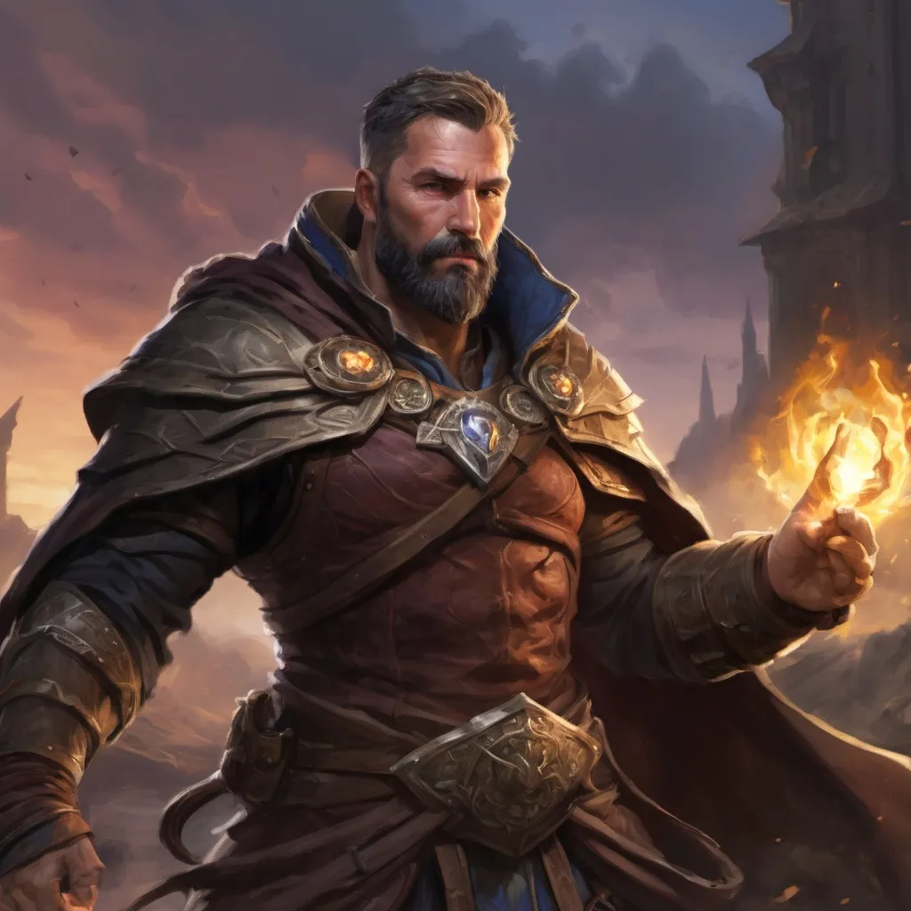 Prompt: Male heavy-set 42-year old muscular noble large sorcerer with short-cut hair and beard,  casting earth-magic in a windy castleground at dusk, pathfinder, d&d setting, enhanced shadow quality