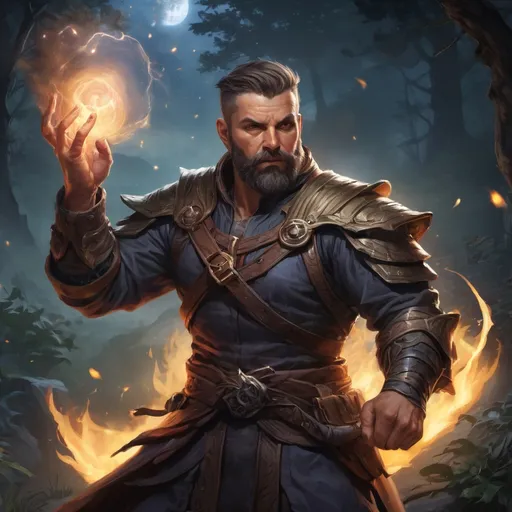 Prompt: Male stocky large mature muscular sorcerer with short-cut hair and beard, in combat casting a magic-ray out of hands in nature at night, pathfinder, d&d setting, in a realistic high quality digital art style, enhanced shadow quality, colorful