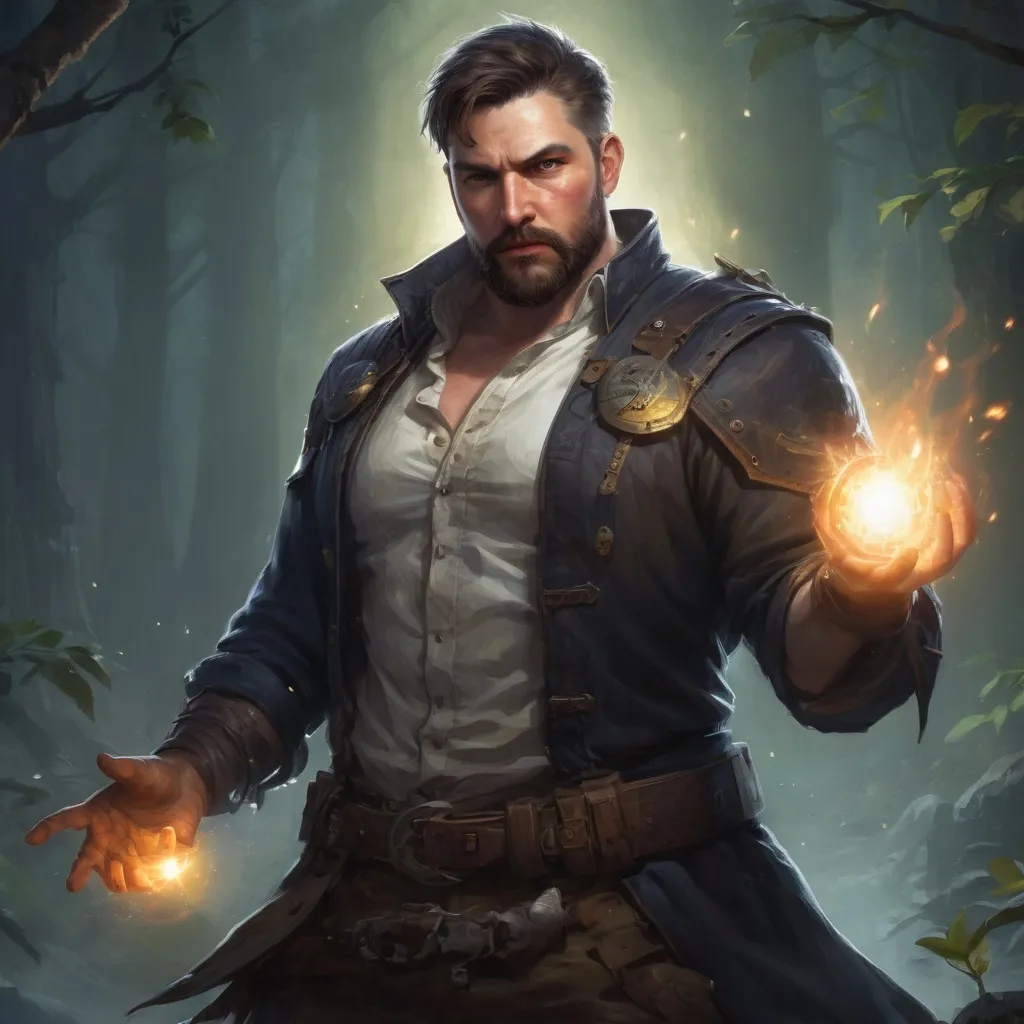 Prompt: Male stocky large fat templar with short-cut hair and beard, open shirt hairy chest, in combat casting a magic-ray out of hands in nature at night, pathfinder, d&d setting, in a realistic high quality digital art style, enhanced shadow quality, colorful