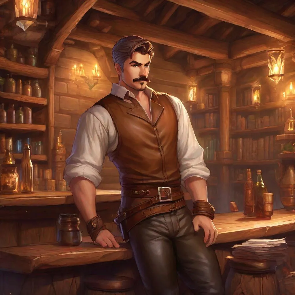 Prompt: (Full body) A broad-chested large male magical investigator with short hair, a mustache and stubble, pathfinger,  no shirt on, magic swirl, leather pants, holding a weapon, dungeons and dragons, brown boots, fantasy setting, researching in a tavern, in a painted style realistic art