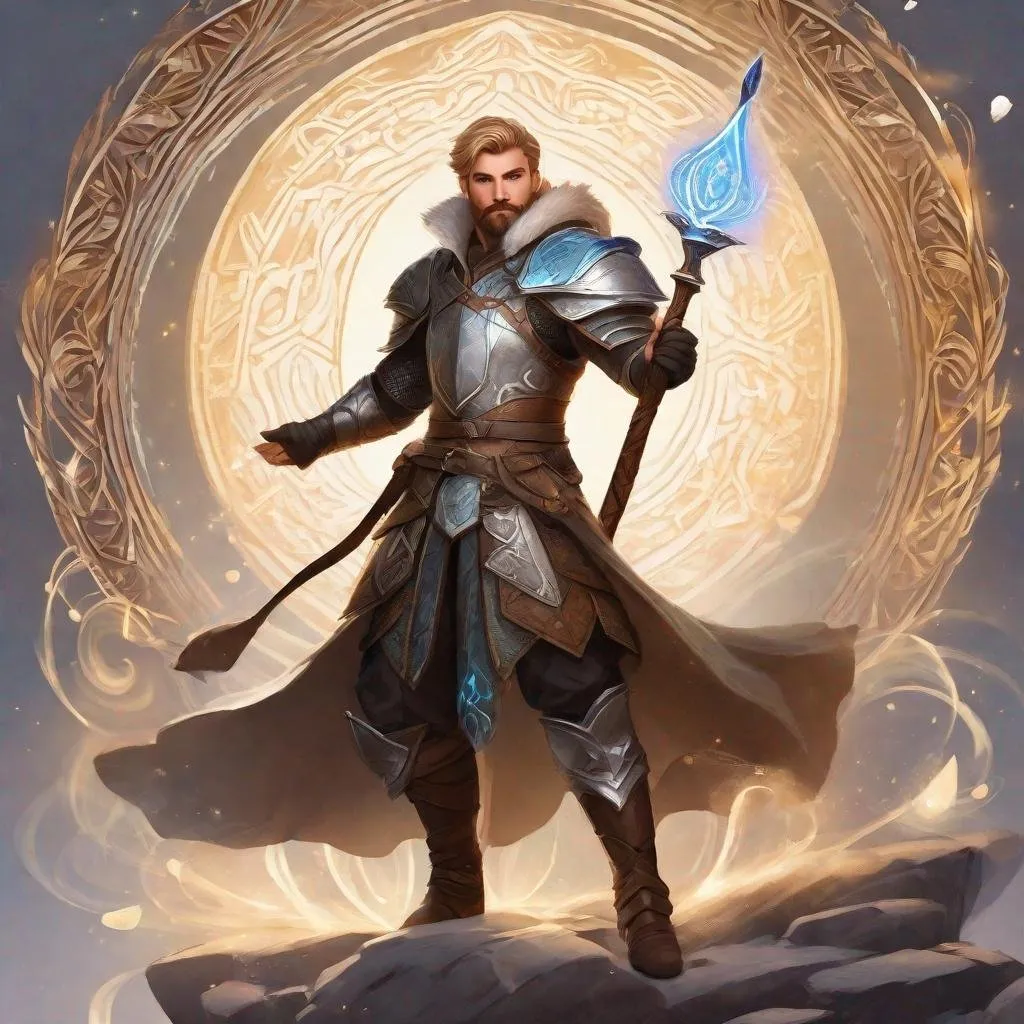 Prompt: A male mage with dark-blonde short hair and beard, cloth armor, holding magical staff, boots, magical swirls, pathfinder, dungeons & dragons, in a detailed realistic digital art style