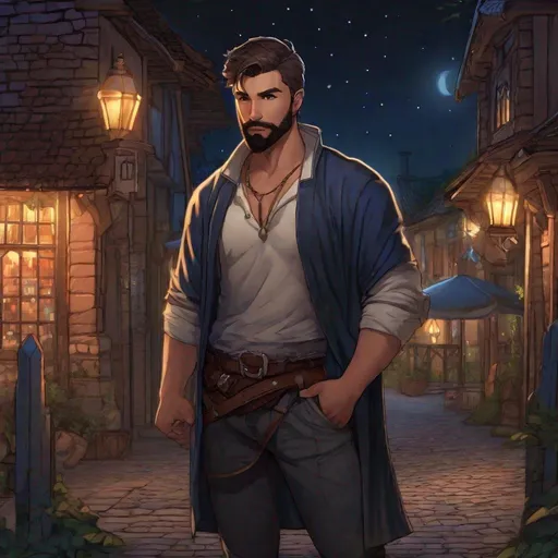 Prompt: (Full body) handsome fighter with short hair and beard , no shirt on, pathfinder, dungeons and dragons, standing outside of a small town at night, in a digital realistic painted style