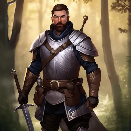 Prompt: (Full body) male stocky guard with short hair and beard, in dark lit nature background, pathfinder, d&d setting, in a realistic digital art style