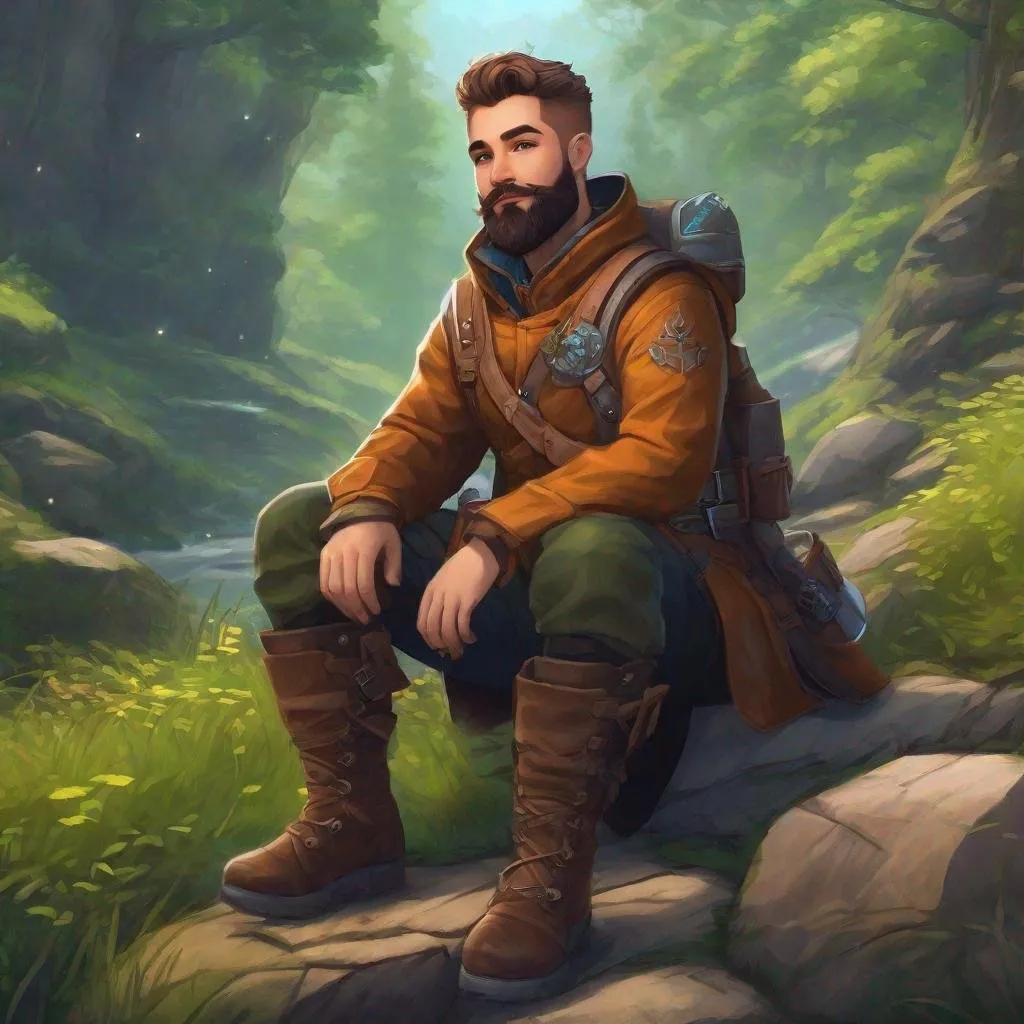 Prompt: A male artificer with short hair and beard, in nature, boots, pathfinder, in a detailed realistic digital art style