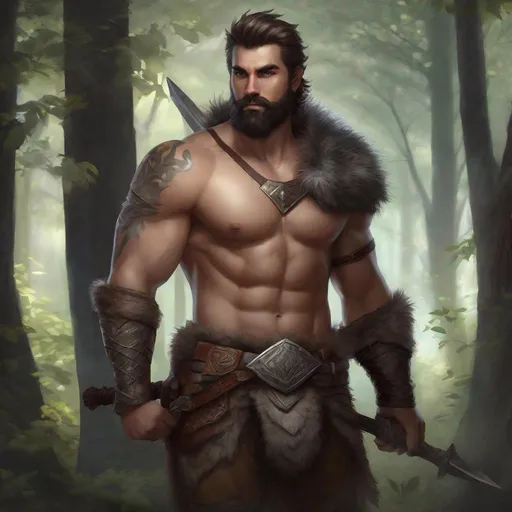 Prompt: (Full-body) A handsome large hairy male fantasy warrior, short hair and short-beard, hairy chest visible, holding a fantasy weapon, d&d, dark fantasy woods, matte shaded illustration, realistic digital art