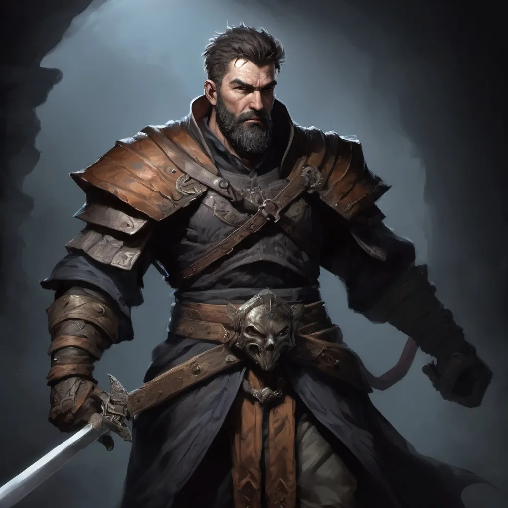 Prompt: Male stocky large mature fighter with short-cut hair and beard, exploring a dark dungeon fighter a shadow-monster, pathfinder, d&d setting, in a realistic high quality digital art style, enhanced shadow quality, colorful
