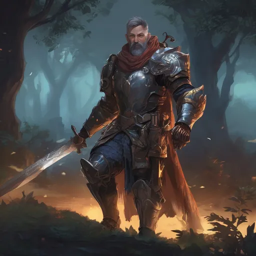 Prompt: (Full body) male handsome muscular royal armored knight with short hair and beard, in a forest at night, pathfinder, d&d setting, in a realistic high quality digital art style