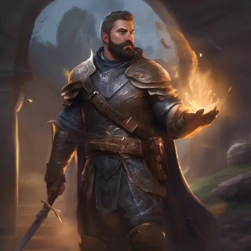 Prompt: (Full body) male stocky druid with short-cut hair and beard, in leather armor, casting a swirly nature-spell, in nature at night pathfinder, d&d setting, in a realistic digital art style