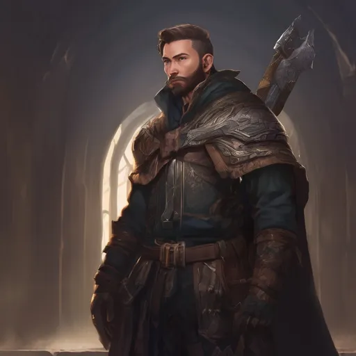 Prompt: (Full body) male stocky magical hunter with short-cut hair and beard, quiver, in a dark magic temple dungeon, cloak, pathfinder, d&d setting, in a realistic digital art style