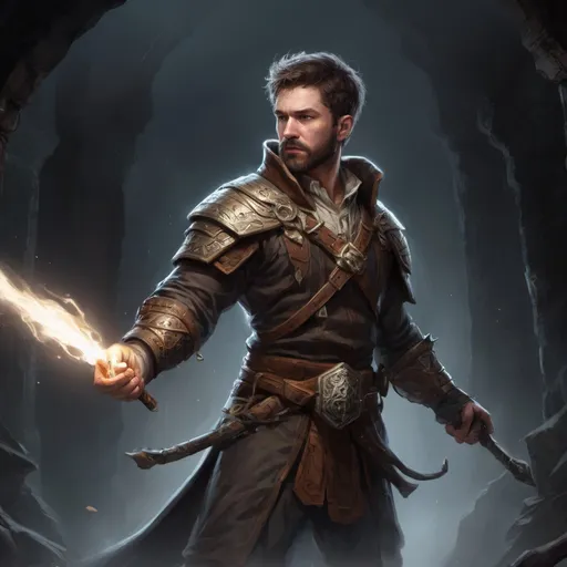 Prompt: Male stocky large mature fantasy-druid with short-cut brown hair and beard, engaged in combat casting a white-light spell inside of a dark dungeon, pathfinder, d&d setting, in a realistic high quality digital art style, enhanced shadow quality, colorful