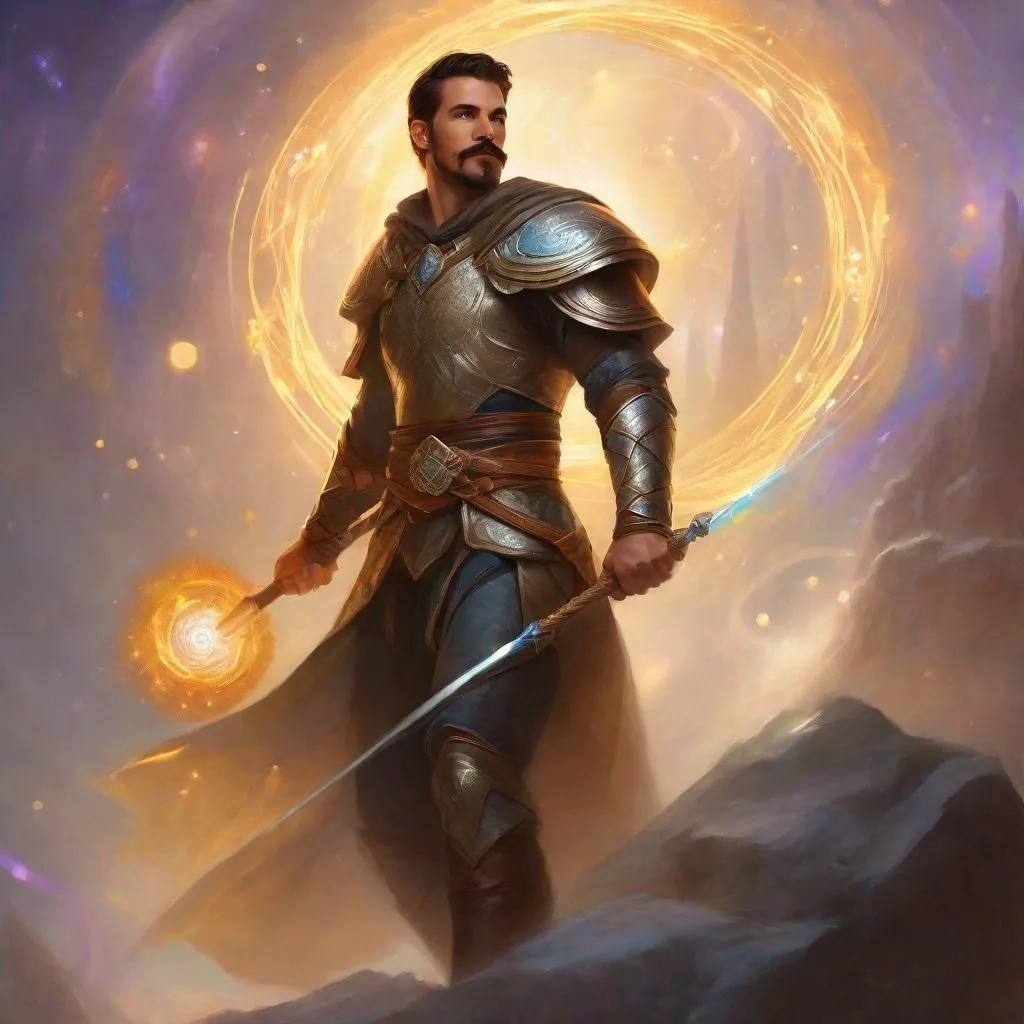 Prompt: (Full body) a male fighter with mustache and stubble short hair, handsome manly face, belt, boots, shoulder guards, bare hairy chest, holding magical staff swirly lights, standing in a otherwordly dimention, fantasy setting, dungeons & dragons, in a painted style realistic art