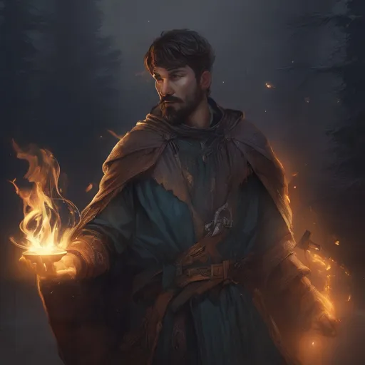 Prompt: (Full body) male large austrian sorcerer with short-cut hair and beard, casting a magical spell, outside of a forest at night, cloak, pathfinder, d&d setting, in a realistic digital art style