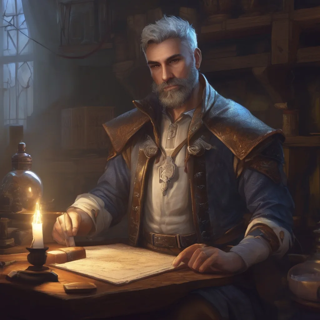 Prompt: (Full body) male stocky young alchemist with grey short-cut hair and beard, in a dark room, pathfinder, d&d setting, in a realistic digital art style