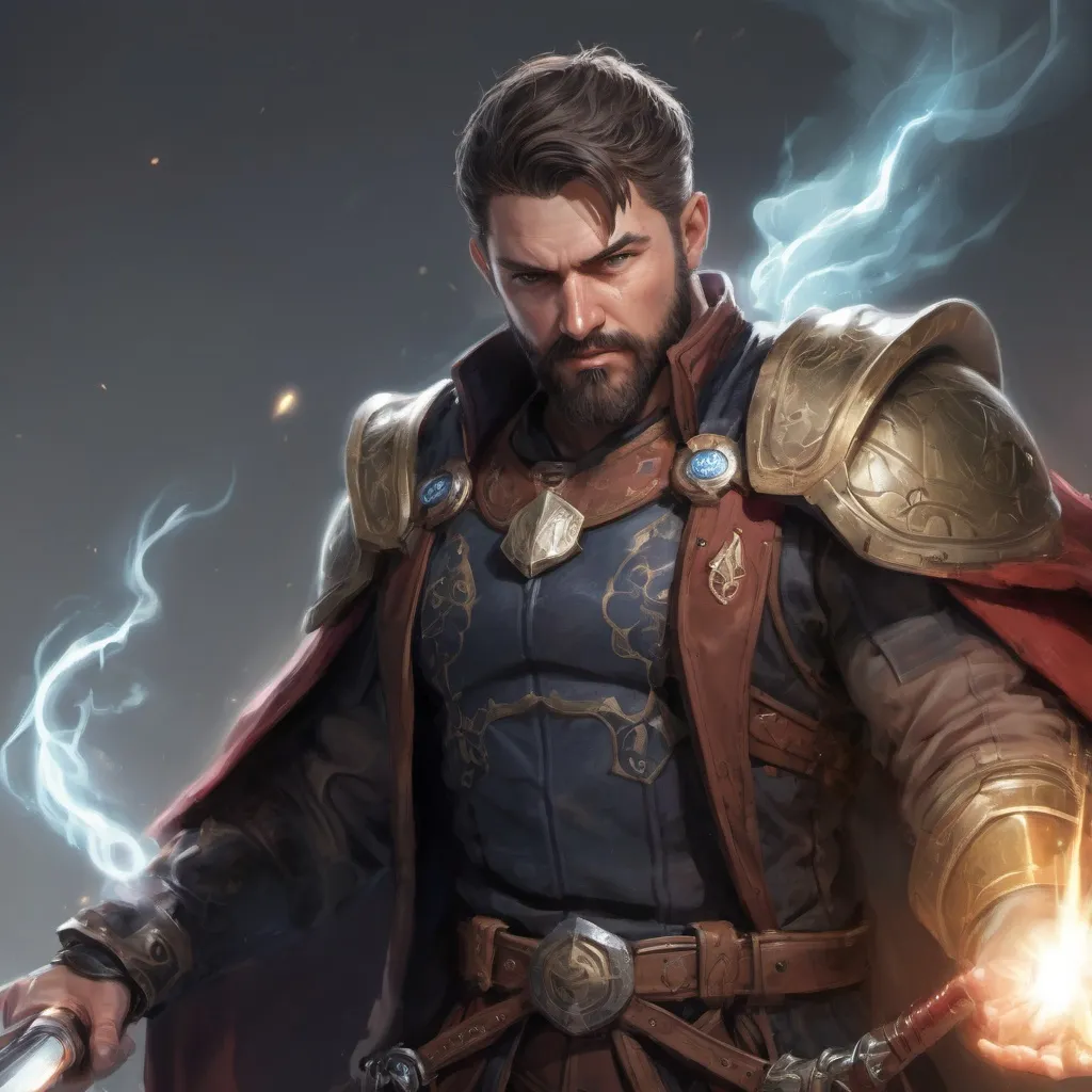 Prompt: (torso) Male stocky large mature fit battle-mage with short-cut hair and beard, engaged in combat casting a light-spell  nature, pathfinder, d&d setting, realistic, enhanced shadow quality
