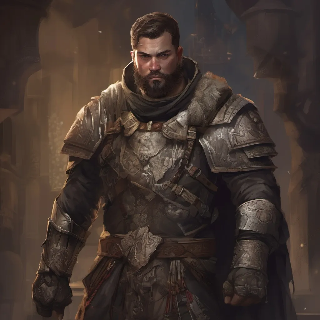 Prompt: (Full body) male stocky warpriest with short-cut hair and beard, in a dark room, pathfinder, d&d setting, in a realistic digital art style