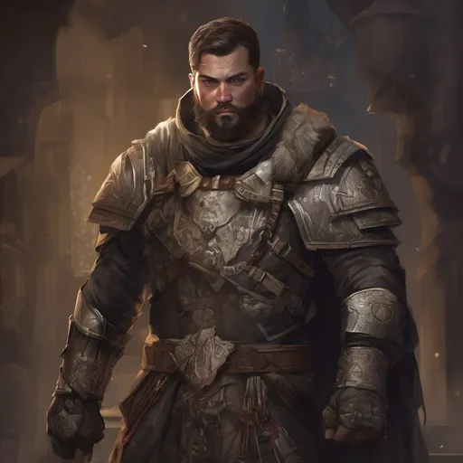 Prompt: (Full body) male stocky warpriest with short-cut hair and beard, in a dark room, pathfinder, d&d setting, in a realistic digital art style