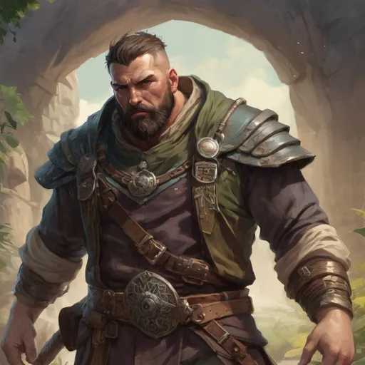 Prompt: (torso) Male stocky large fat beefy 37-year old druid with short-cut hair and beard, open shirt hairy chest, in combat casting a magic-ray out of hands in a windy path, pathfinder, d&d setting, in a realistic high quality digital art style, enhanced shadow quality, colorful